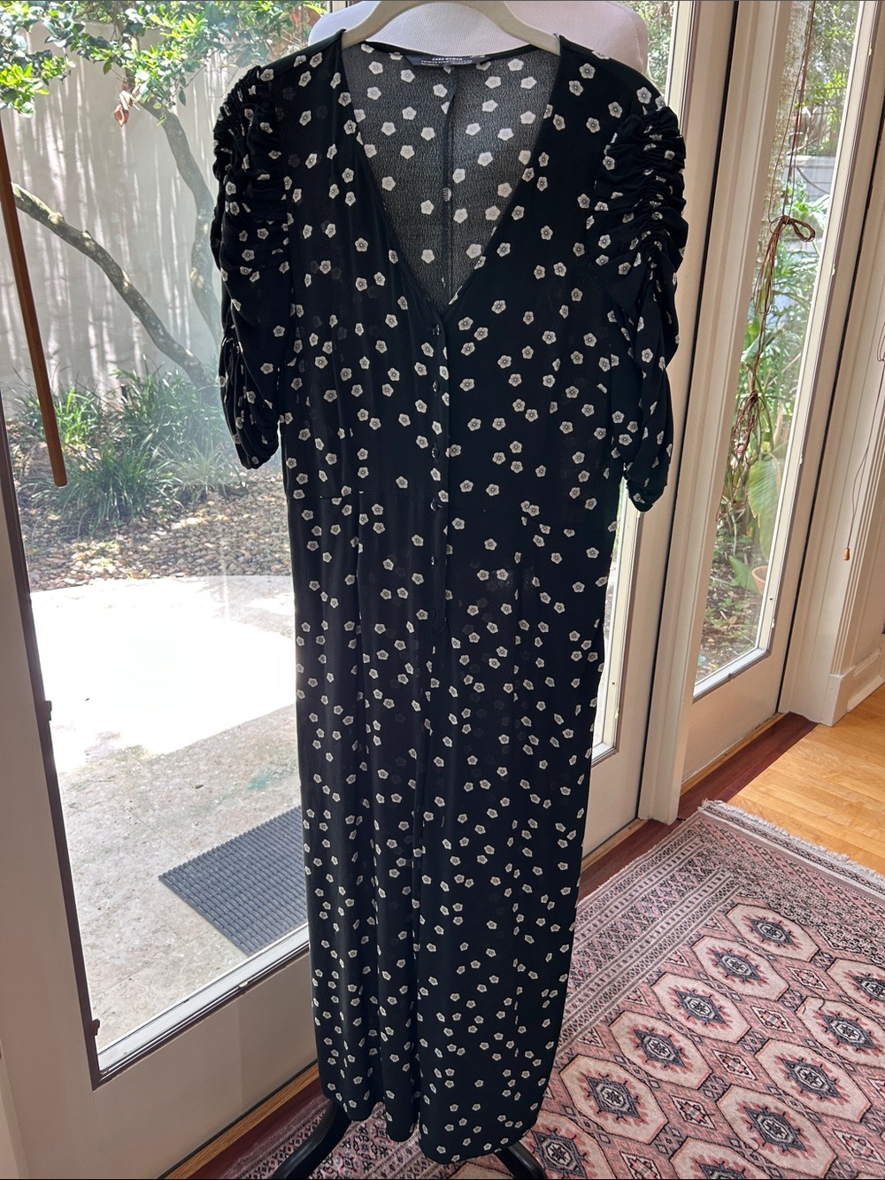 Zara Black Jumpsuit with White Dot Floral Print and Ruched Short Sleeves